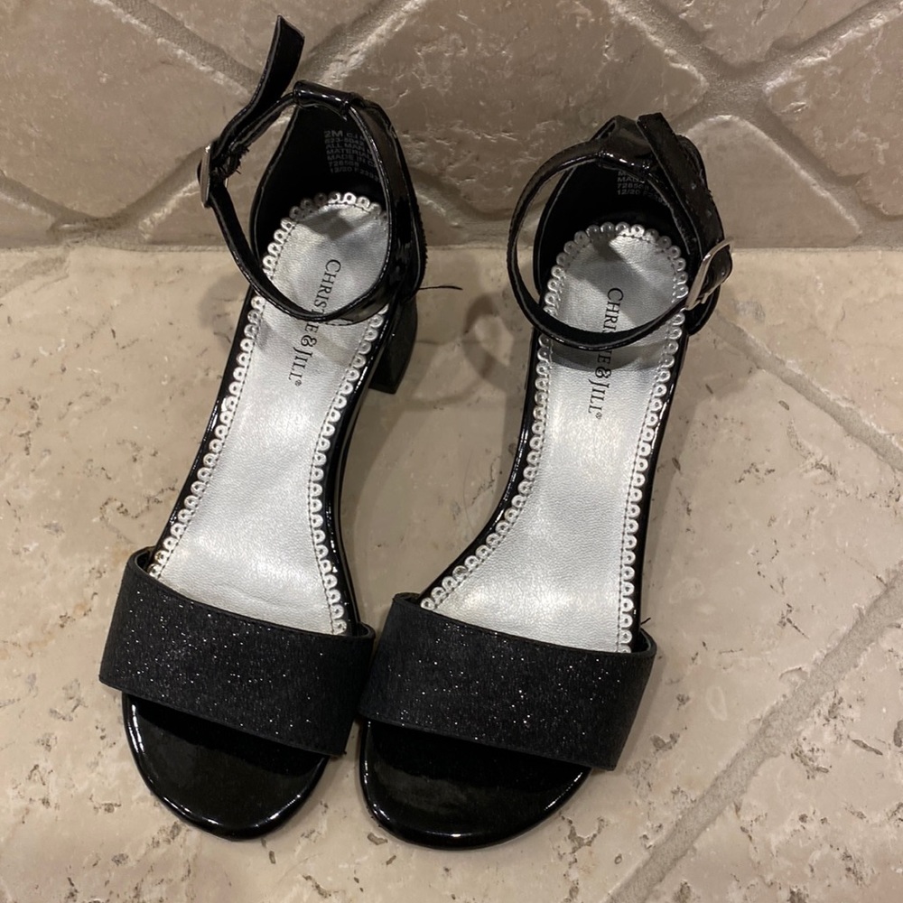 Black Sparkle Ankle Strap Black Patent Dress Shoes Sandals Size 2